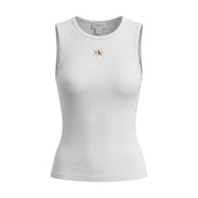 Calvin Klein Jeans women white sleeveless round neck ribbed tank top with red and black logo patch on the chest