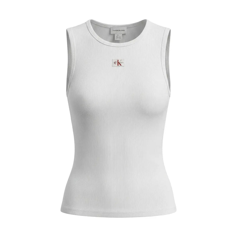 Calvin Klein Jeans women white sleeveless round neck ribbed tank top with red and black logo patch on the chest