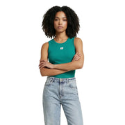 Calvin Klein jeans women white sleeveless round neck top featuring a teal tank with a small white logo on the chest