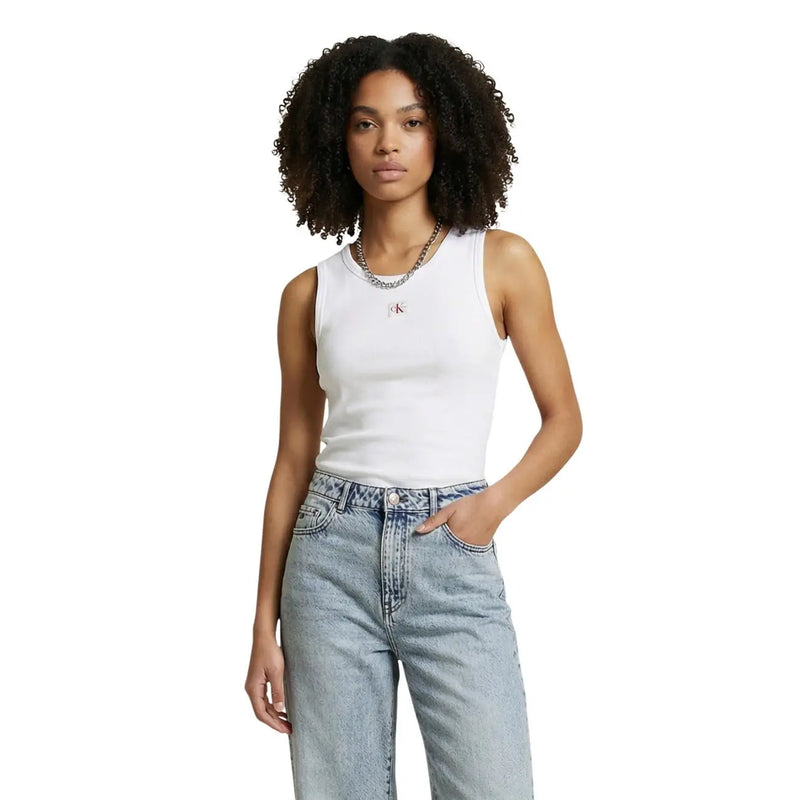 White Calvin Klein Jeans women sleeveless round neck tank top with small embroidered logo on chest