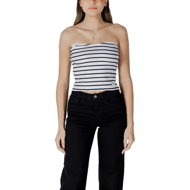 Calvin Klein Jeans women white and black striped sleeveless strapless crop top made of comfortable fabric