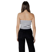 Calvin klein jeans women sleeveless fitted ruched top with black and white stripes in a strapless design