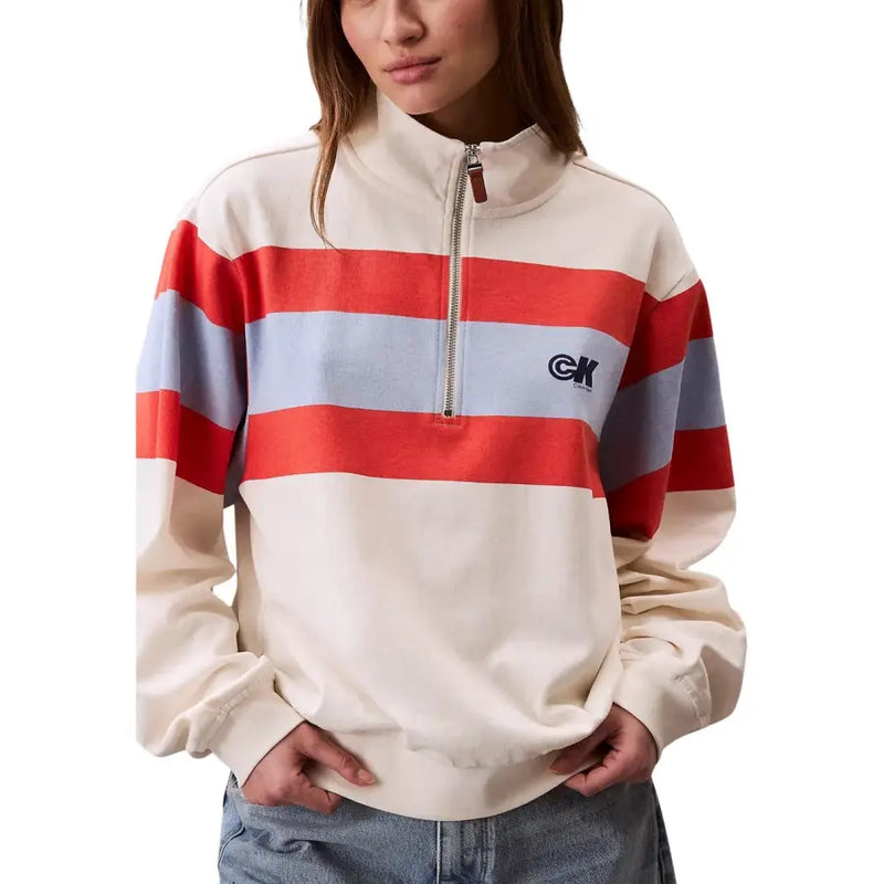 Calvin Klein Jeans cream long-sleeved half-zip sweatshirt with red and blue stripes