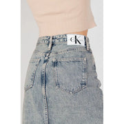 Light-wash denim Calvin Klein Jeans women’s blue cotton skirt with white logo label at the waistband 100 percent cotton