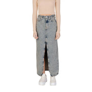 Calvin Klein Jeans women’s light gray high-waisted denim maxi skirt with front slit and five-pocket design 100% cotton
