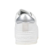 Calvin Klein Jeans women’s white platform sneakers with metallic silver heel tab and textured suede accents