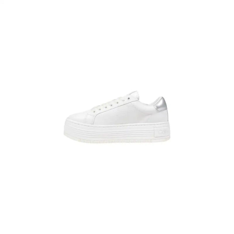 Calvin klein jeans women’s silver leather sneakers with white platform and subtle metallic silver accents on the heel tab