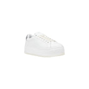 Calvin Klein Jeans women’s white leather platform sneaker with sleek minimalist design and subtle silver heel accent