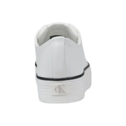 Calvin Klein Jeans women’s white leather platform sneakers with black trim and silver CK logo on the heel back side