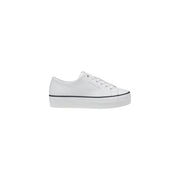 Calvin Klein Jeans women’s white leather platform sneaker with black trim and a sleek minimalist design