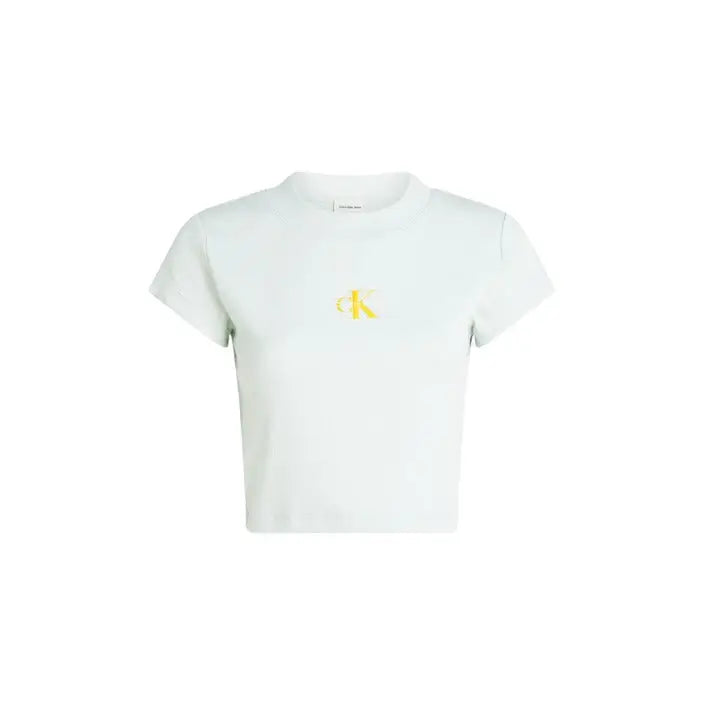 White cropped Calvin Klein Jeans T-shirt featuring a small yellow logo