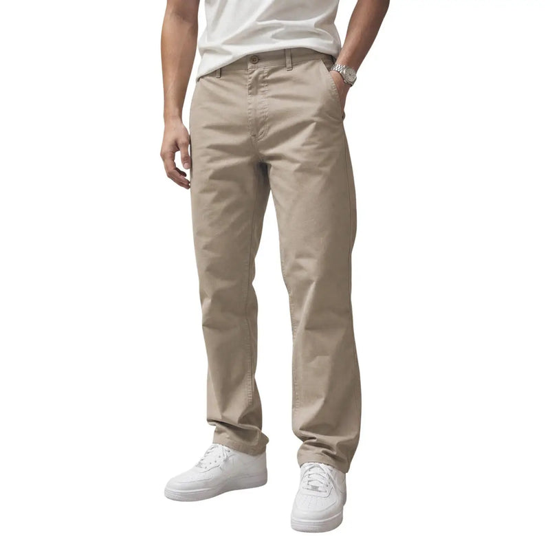 Calvin Klein men beige cotton trousers with khaki chino fabric and classic straight-leg cut with subtle stitching details