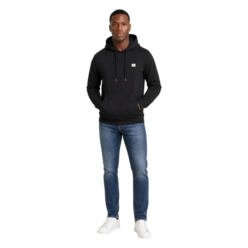 Calvin klein men black cotton hoodie with small white logo on chest and matching drawstrings for casual wear