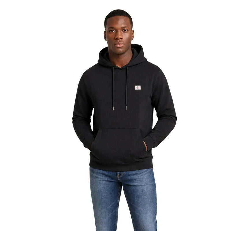 Calvin Klein men black cotton hooded sweatshirt with small white logo on chest and matching drawstrings