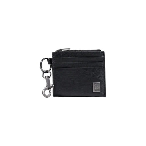 Calvin Klein Portefeuille porte-cartes pour homme en cuir noir, surface texturée et fermoir porte-clés en métal argenté