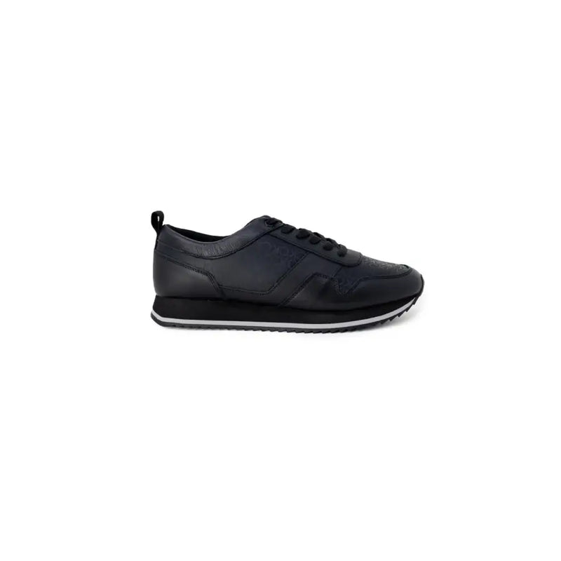 Calvin Klein men black leather sneakers with sleek minimalist design and subtle textured panels on the upper