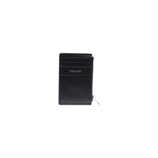 Porte-cartes Calvin Klein pour homme en cuir noir perforé avec tirette de fermeture éclair argentée, mesurant 13 cm.