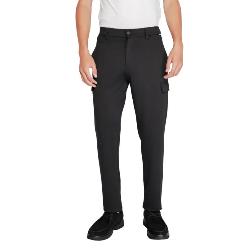 Calvin Klein men black polyester viscose blend winter trousers with sleek slim fit and subtle side pockets
