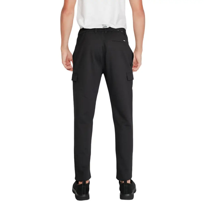 Calvin Klein men black polyester viscose blend winter trousers with sleek straight-leg cargo pants and subtle stitching details
