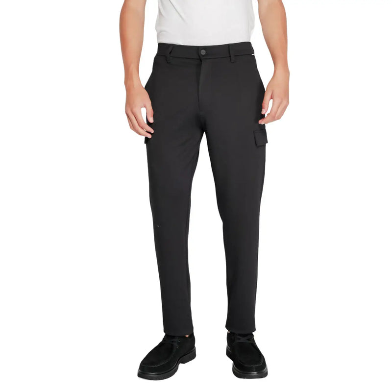 Calvin Klein men black polyester viscose blend winter trousers with sleek slim fit and subtle side pockets