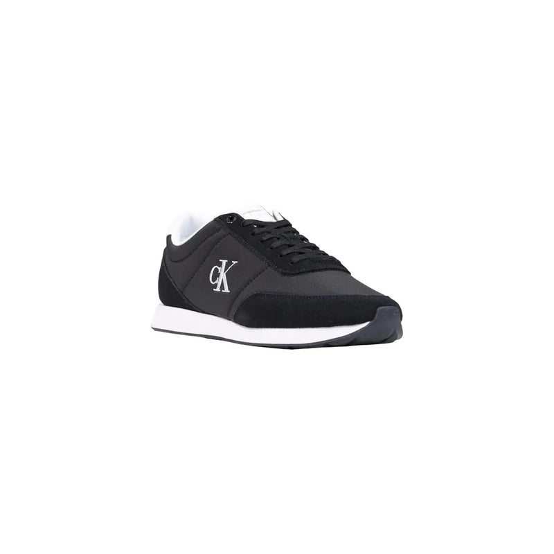 Calvin Klein men black textile sneakers with white logo and sole, shown from the back side of the shoe