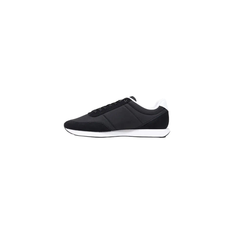 Calvin klein men black textile sneakers with white rubber sole and black laces shown from the back side