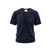 Calvin Klein men blue cotton t shirt round neck with dark navy blue short sleeves and subtle embroidered ck logo on chest