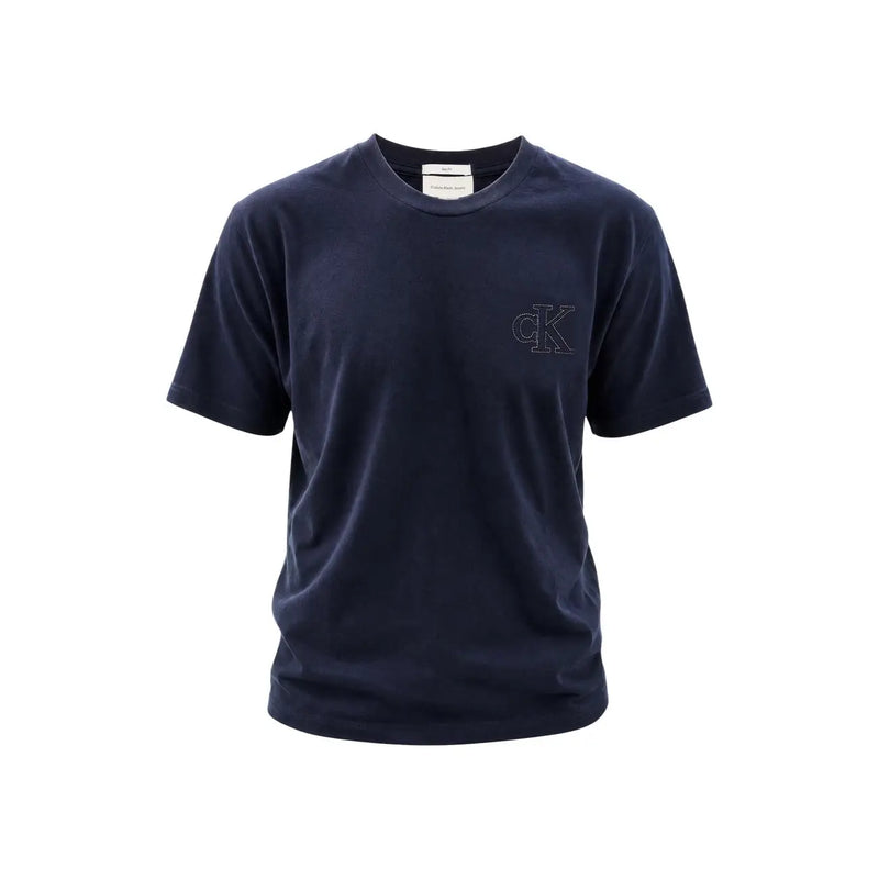 Calvin Klein men blue cotton t shirt round neck with dark navy blue short sleeves and subtle embroidered ck logo on chest