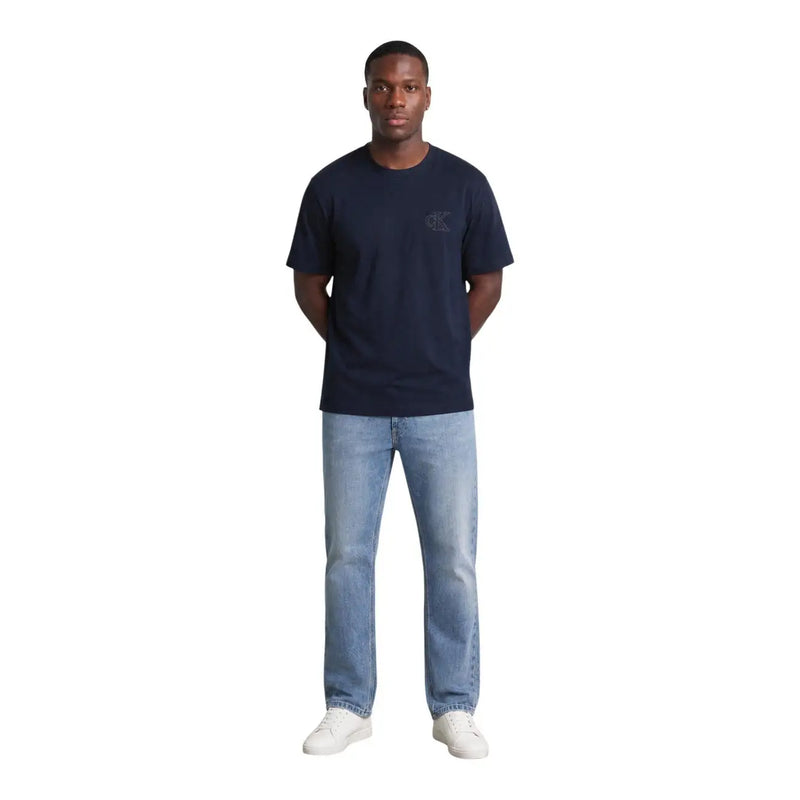 Navy blue Calvin Klein men cotton t shirt with round neck and subtle embroidered logo on the left chest