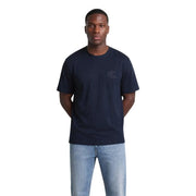 Navy blue calvin klein men cotton t shirt with round neck and subtle embroidered logo on the left chest