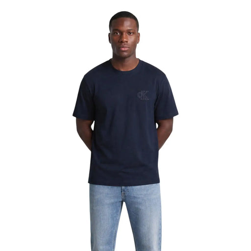 Navy blue calvin klein men cotton t shirt with round neck and subtle embroidered logo on the left chest