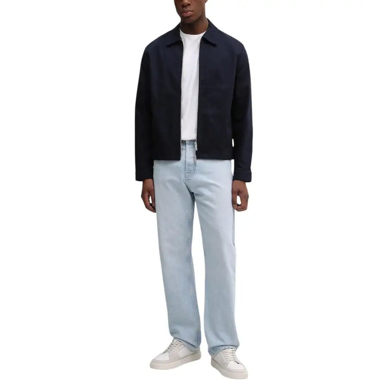 Calvin Klein Blazer bleu marine en coton pour homme, coupe classique, fermeture éclair sur le devant.
