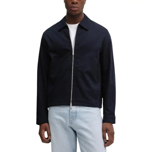 Calvin Klein men blue cotton zip blazer classic fit featuring a navy blue zip-up jacket with collar and long sleeves