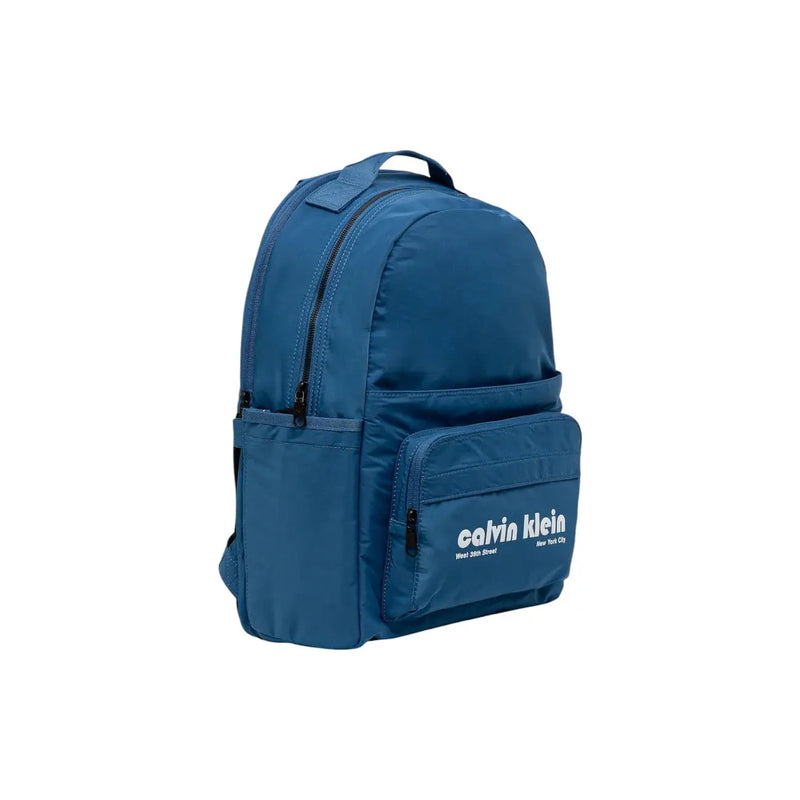 Calvin Klein men blue rucksack with white logo black zippers and multiple pockets measuring 32x46x13 cm