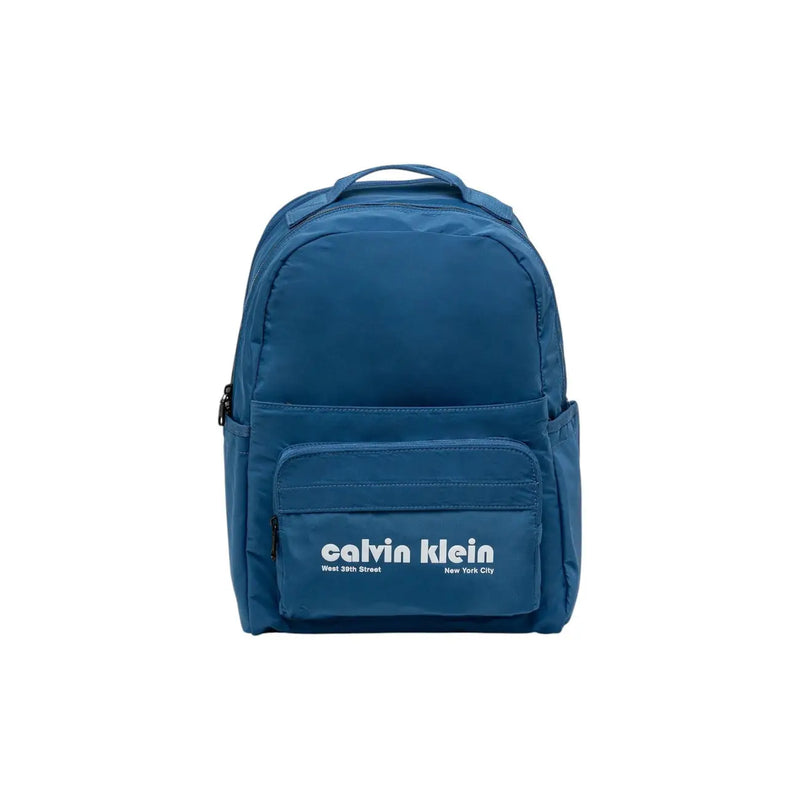 Calvin Klein men blue rucksack with pockets featuring a white logo and text in durable fabric 32x46x13 cm