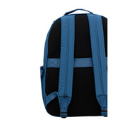 Calvin Klein men blue rucksack with black mesh backing and adjustable shoulder straps shown from the back side