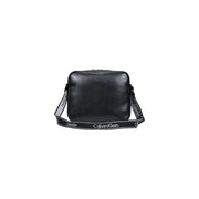 Black Calvin Klein crossbody laptop bag with glossy leather finish and bold logo webbing strap 35cm
