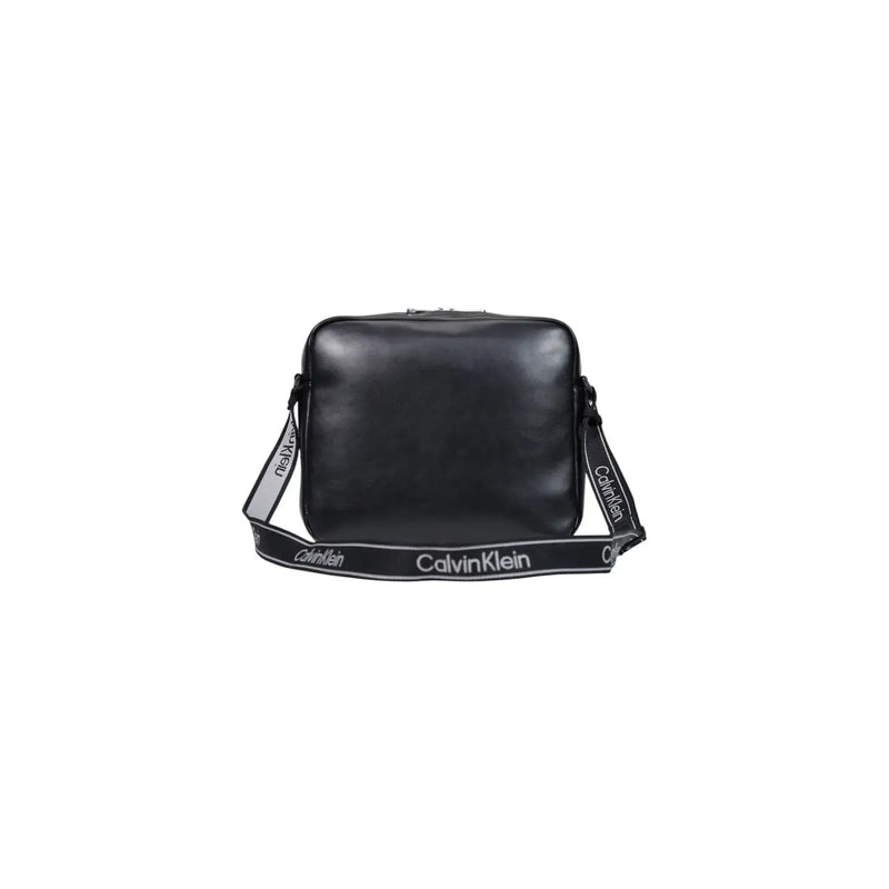 Black Calvin Klein crossbody laptop bag with glossy leather finish and bold logo webbing strap 35cm