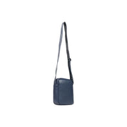Navy blue leather Calvin Klein men bold logo webbing reporter crossbody bag with gray and black branded strap W18cm