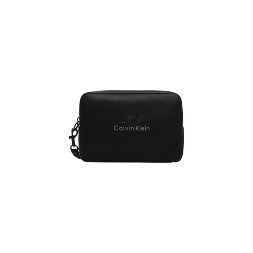 Calvin Klein men bold pouch black polyurethane rectangular clutch with embossed logo and detachable chain strap