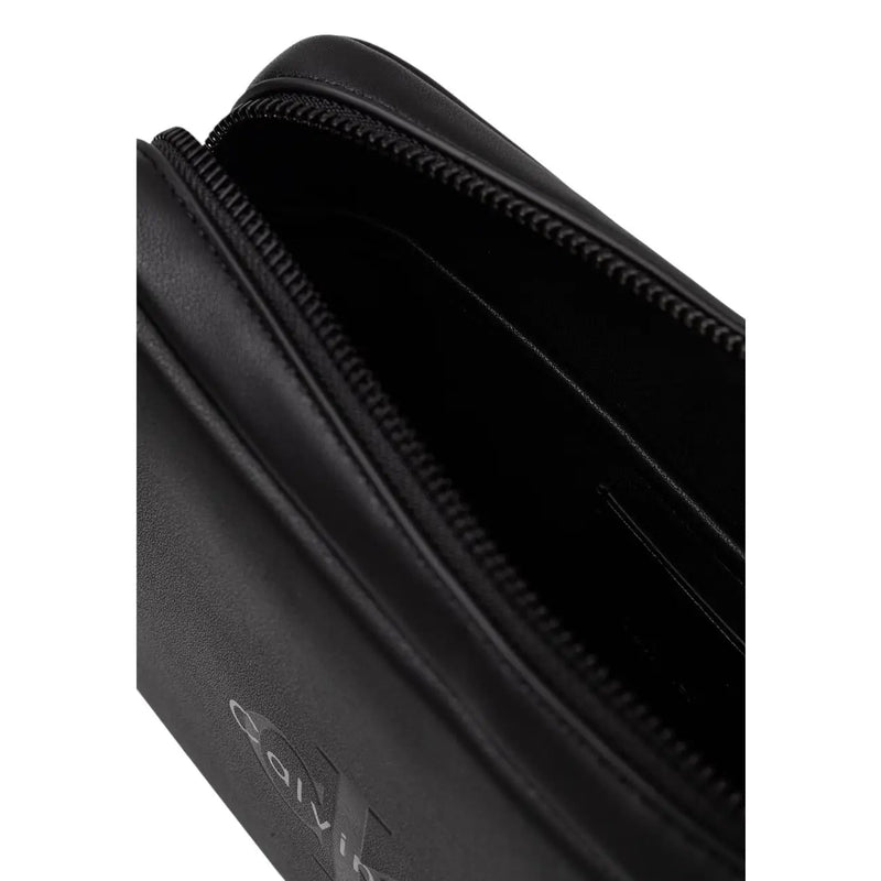 Calvin klein men bold pouch black polyurethane with sleek zipper closure and subtle embossed logo, front view
