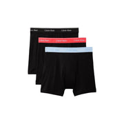 Set of three black Calvin Klein men boxer briefs with red, light blue, and black elastic waistbands in cotton
