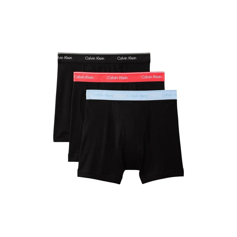 Set of three black Calvin Klein men boxer briefs with red, light blue, and black elastic waistbands in cotton