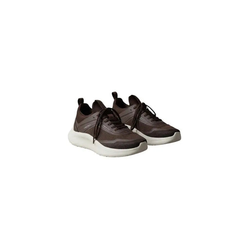 Calvin Klein men brown lace up sneakers made of polyester 100 with dark brown mesh synthetic leather and white rubber sole
