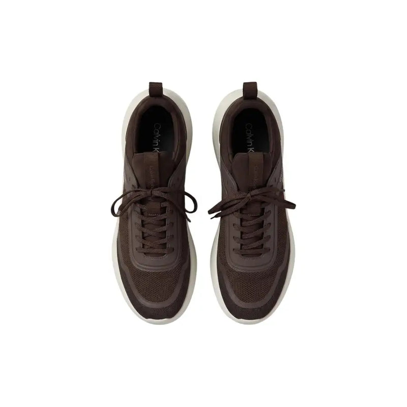 Brown calvin klein men lace up sneakers with mesh upper and white rubber sole made of 100 polyester