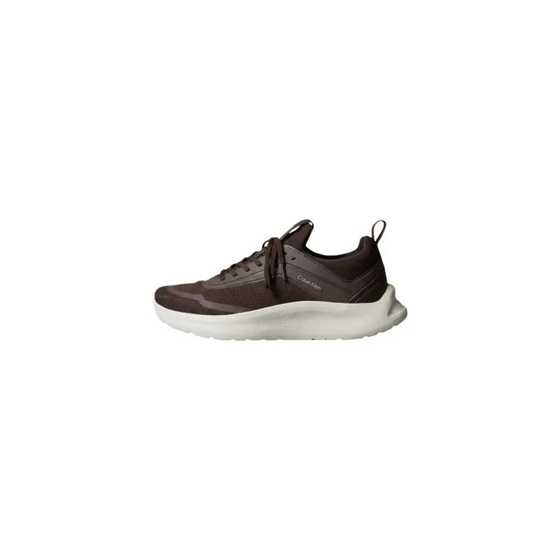 Calvin Klein men brown lace up sneakers with dark brown mesh upper and white rubber sole made of 100 polyester