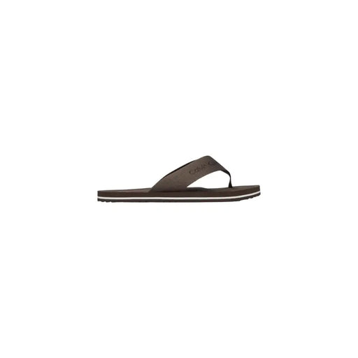 Calvin Klein men brown polyester slippers featuring dark brown flip-flop design with subtle logo and white sole stripe