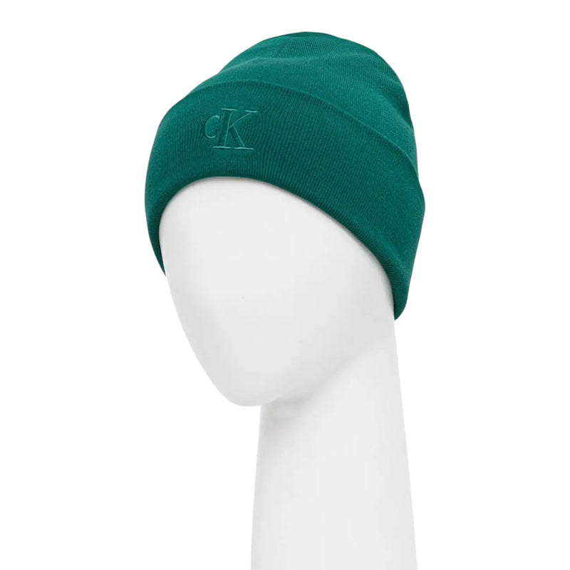 Calvin Klein men cap green knitted viscose blend beanie with subtle embroidered ck logo for fall winter accessory