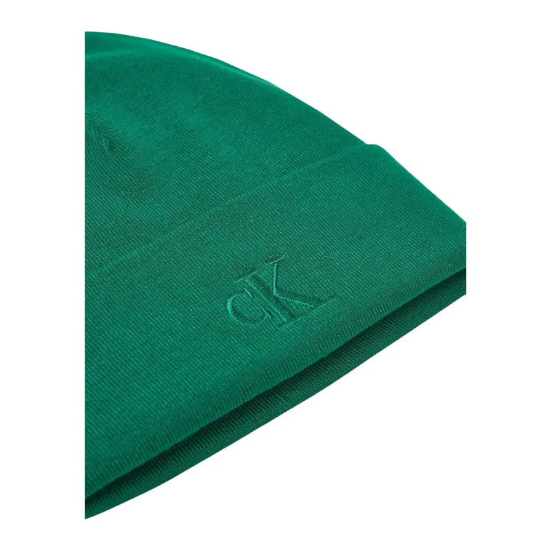Calvin Klein men cap in solid green viscose blend knit with subtle embroidered ck logo for fall winter accessory