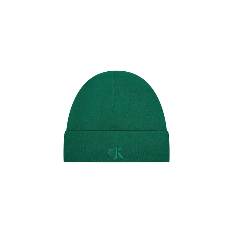 Calvin Klein men cap green viscose blend solid knit beanie with folded cuff and subtle embroidered ck logo for fall winter accessory